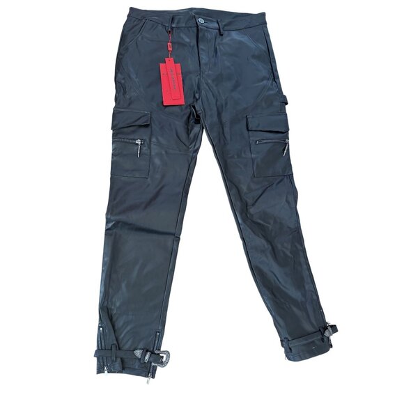 Guapi Mens Black Faux Leather Pants Size 28 Belted Ankle NWT Streetwear  [jb] - Picture 5 of 11